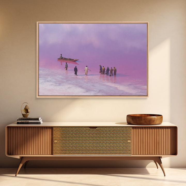 Purple Pink Salt Lake Boat Scene Wall Art, African Landscape, Coastal Travel Poster, Cultural Home Decor, Large Canvas Print