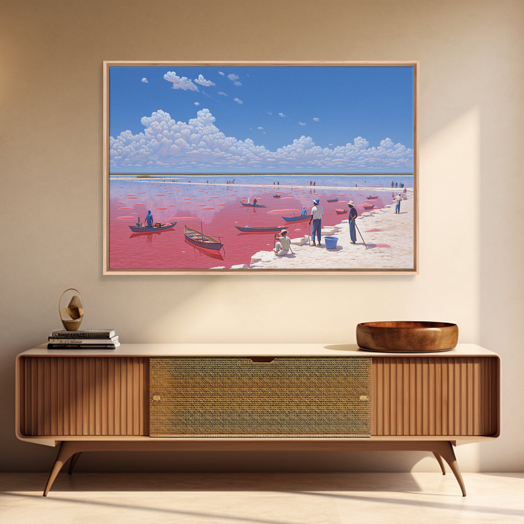 Vibrant Pink Lake Boats Under Clouds Framed Canvas Print, African Landscape, Senegal Travel Poster, Coastal Wall Decor Gift
