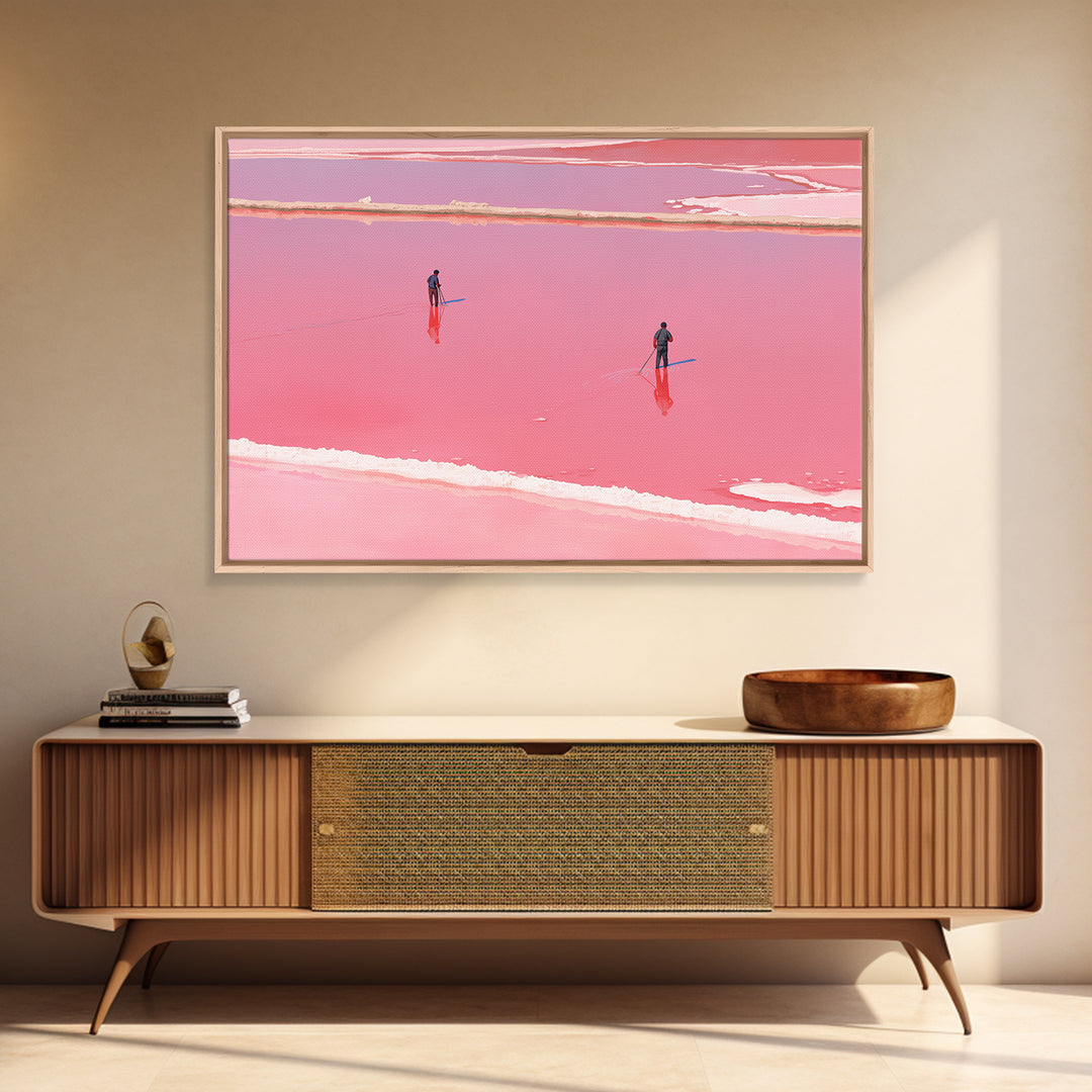 Two Figures Walking Pink Salt Flats Wall Art, Minimalist African Landscape, Dreamy Pink Decor, Modern Coastal Canvas Print