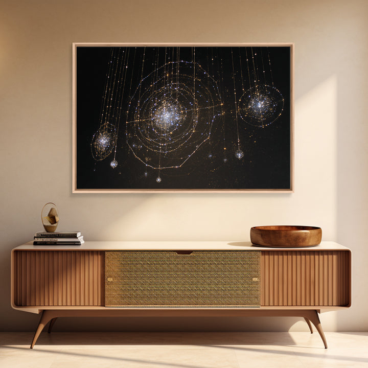 Golden Hanging Galaxy Lights Wall Art, Abstract Black Background, Spiritual Modern Art, Luxury Home Decor, Dreamy Canvas Print