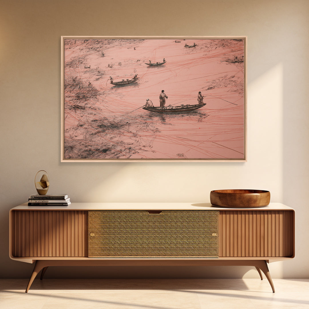 Aerial Pink Salt Lake Boats And Tracks Wall Art, African Landscape, Minimalist Coastal Poster, Earth Tone Canvas Print Decor