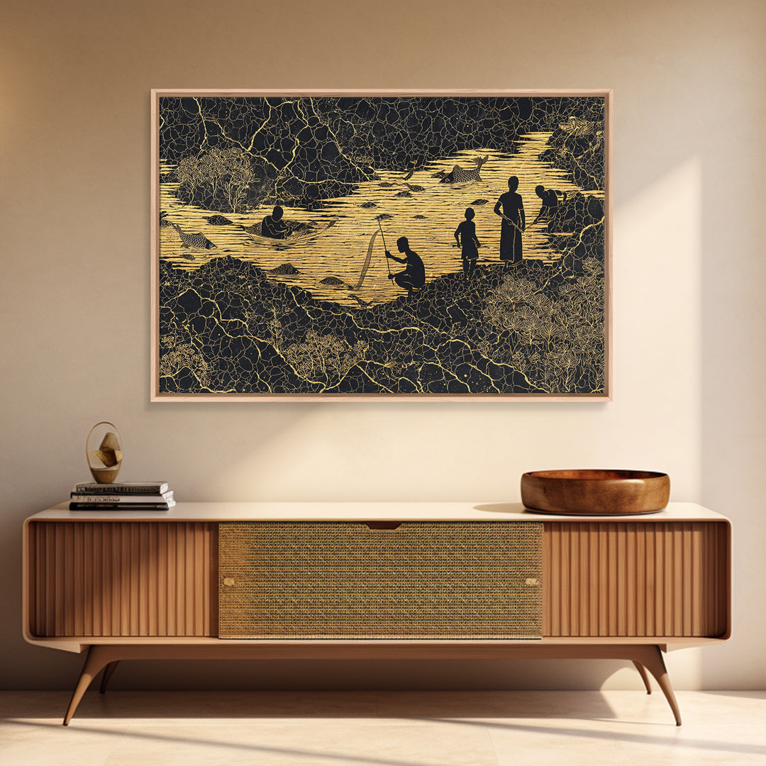 Golden River Village Silhouettes Wall Art, African Wall Art, Black Culture Art, Tribal Landscape, Cultural Home Decor Gift