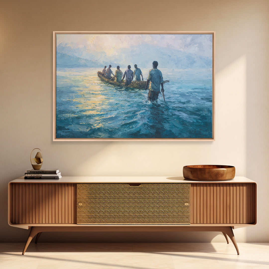 Blue Lake Fishermen In Canoe Canvas Print, African Art Print, Coastal Water Painting, Living Room Decor, Unique Canvas Gift