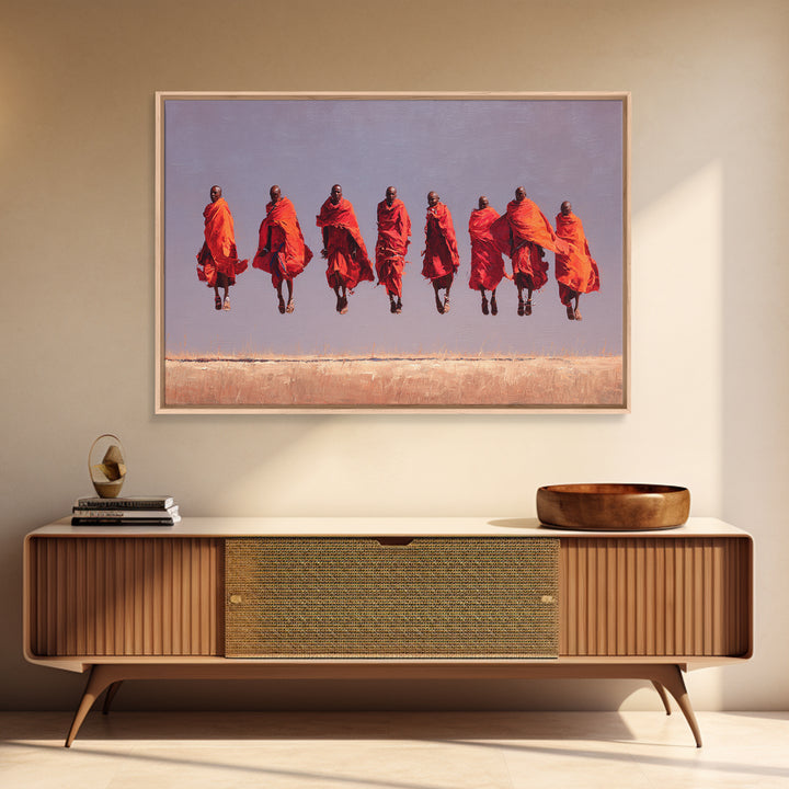Seven Red Robed Maasai Jumpers Wall Art, African Tribal Art, East Africa Painting, Bold Wall Decor, Empowered Women Gift