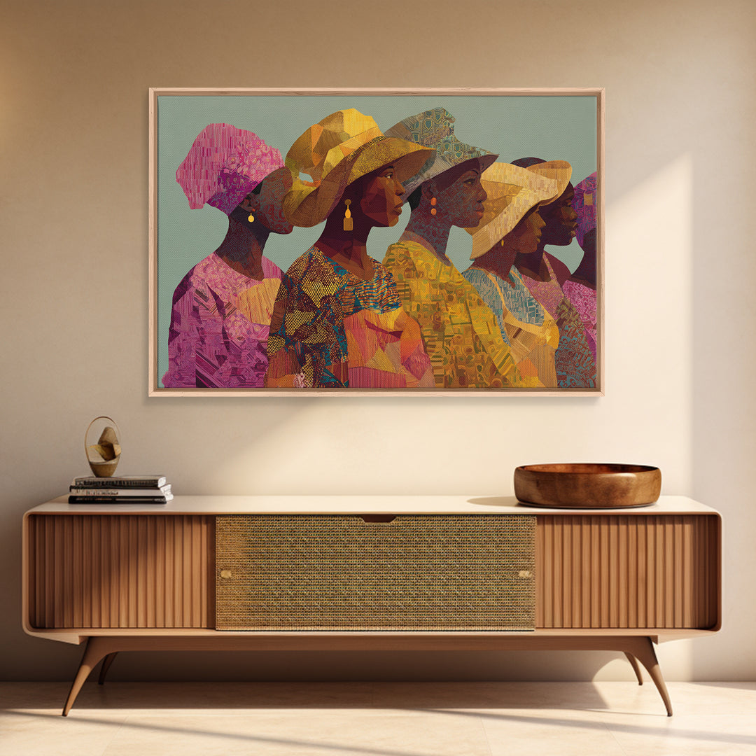 Four African Women In Woven Hats Canvas Print Ankara Wall Art Black Woman Art Afrocentric Decor Cultural Portrait Gift For Her