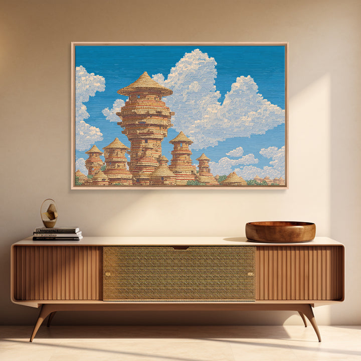 Sunlit African Village Towers Canvas Print Traditional African Architecture Wall Art Earth Tone Safari Decor Cultural Art Print