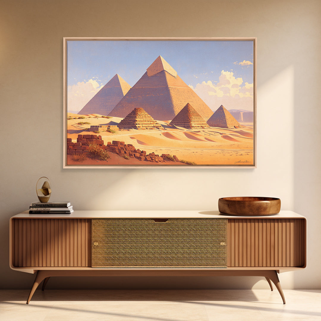 Warm Sunset Egyptian Pyramids Framed Canvas Print African Egyptian Art Ancient Desert Landscape Wall Decor Travel Poster Gift