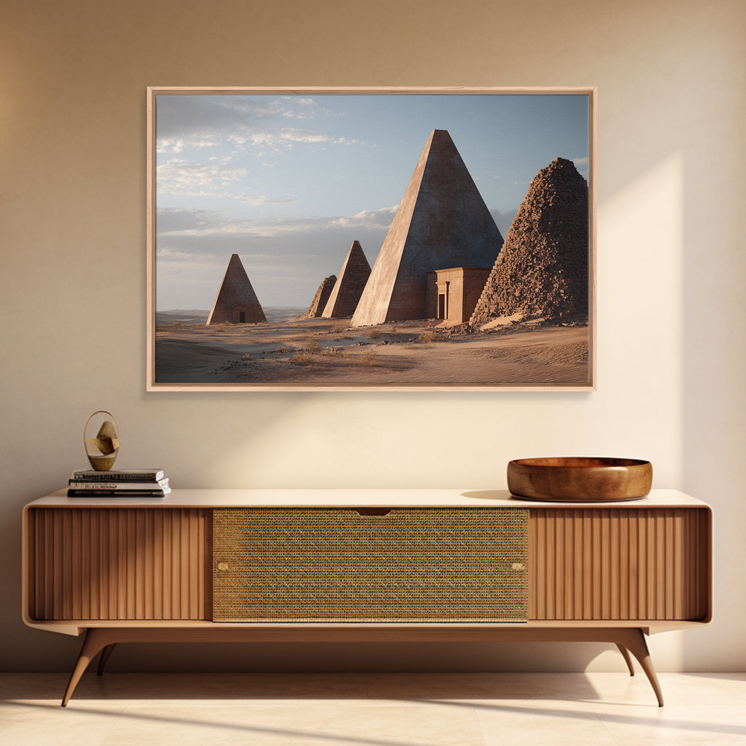 Monumental Nubian Pyramids In Desert Framed Canvas Print, Ancient African Art, African Landscape, Cultural Wall Decor, Home Decor Gift