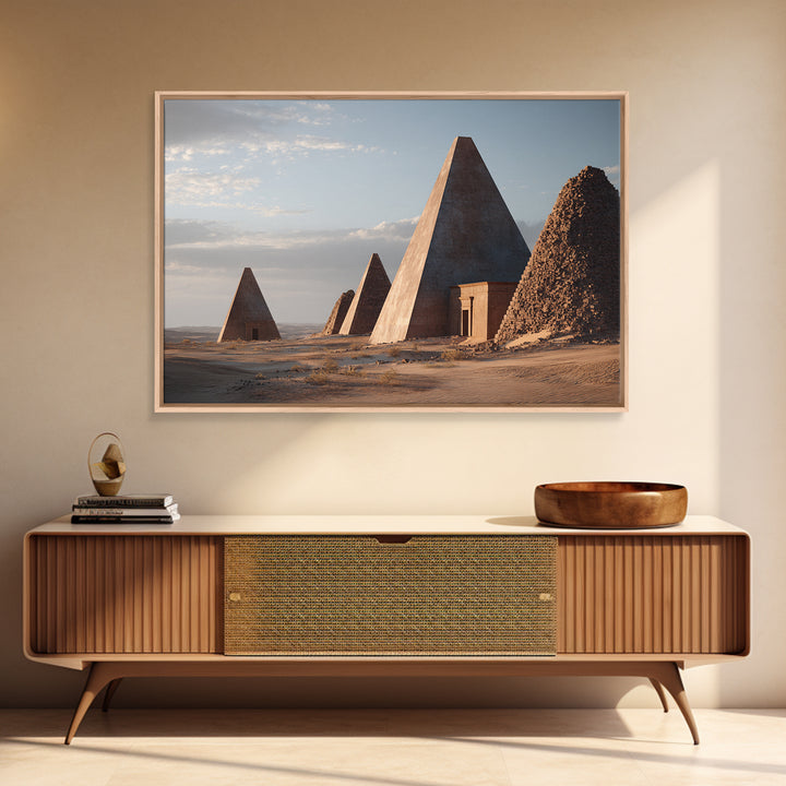 Monumental Nubian Pyramids In Desert Framed Canvas Print, Ancient African Art, African Landscape, Cultural Wall Decor, Home Decor Gift
