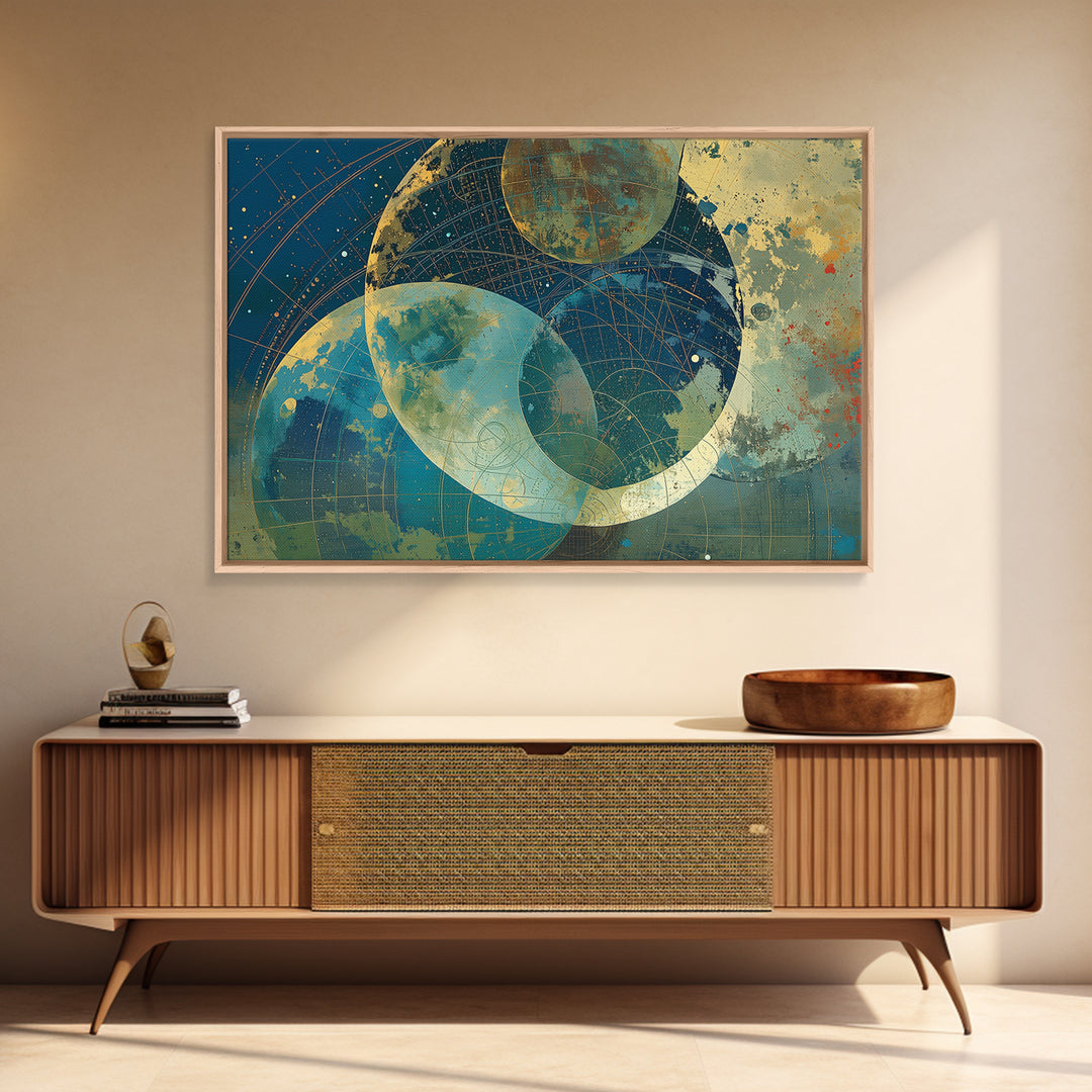 Layered Moons And Planetary Orbits Canvas Print, Abstract Wall Art, Modern Canvas Art, Celestial Digital Art, Office Decor