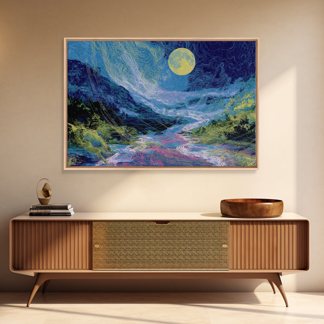Blue Moonlit River Through Mountains Wall Art, Dreamy Wall Art, Nature Scene Art, Blue Home Decor, Large Decor Art, Living Room Art