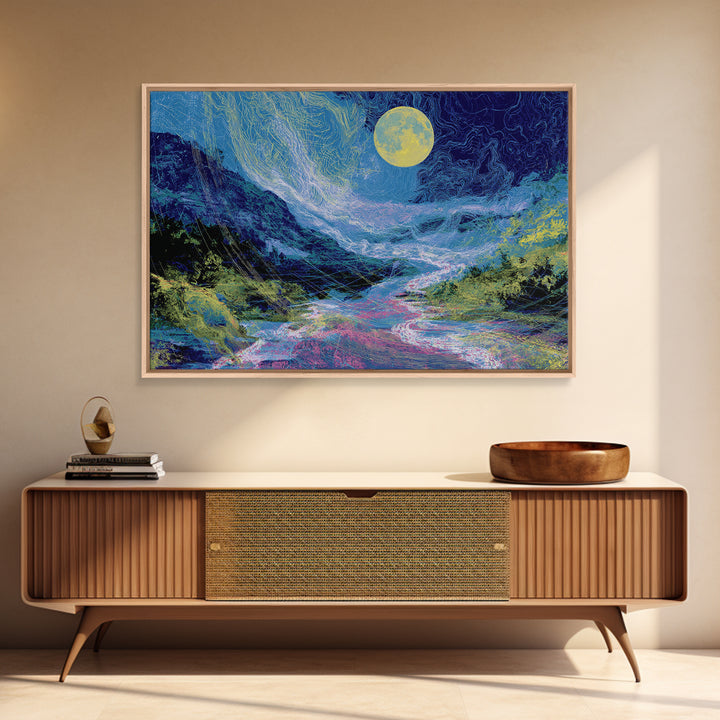 Blue Moonlit River Through Mountains Wall Art, Dreamy Wall Art, Nature Scene Art, Blue Home Decor, Large Decor Art, Living Room Art