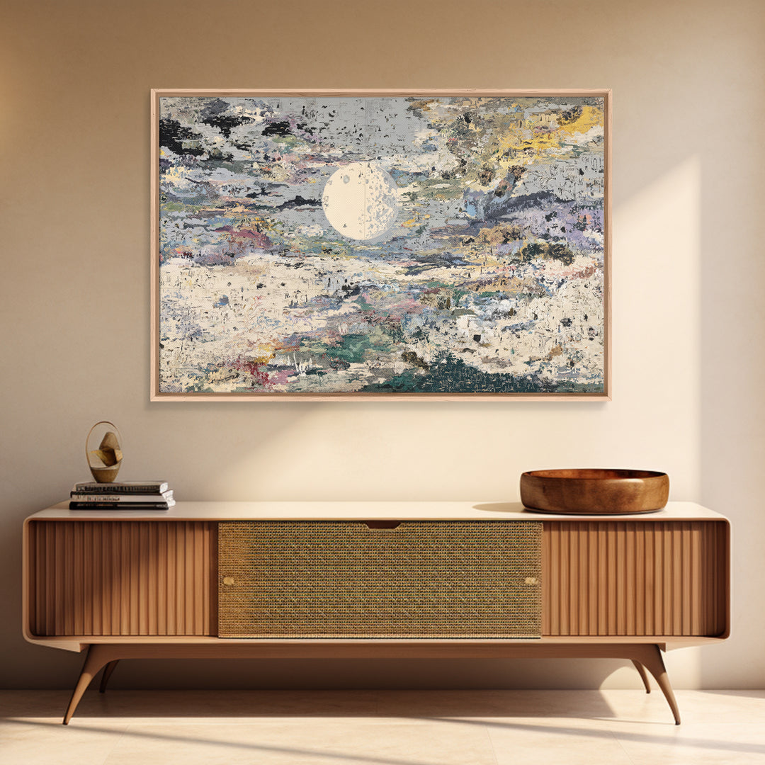 Textured Full Moon Over Abstract Clouds Framed Canvas Print, Abstract Wall Art, Modern Art, Beige Wall Art, Elegant Home Decor