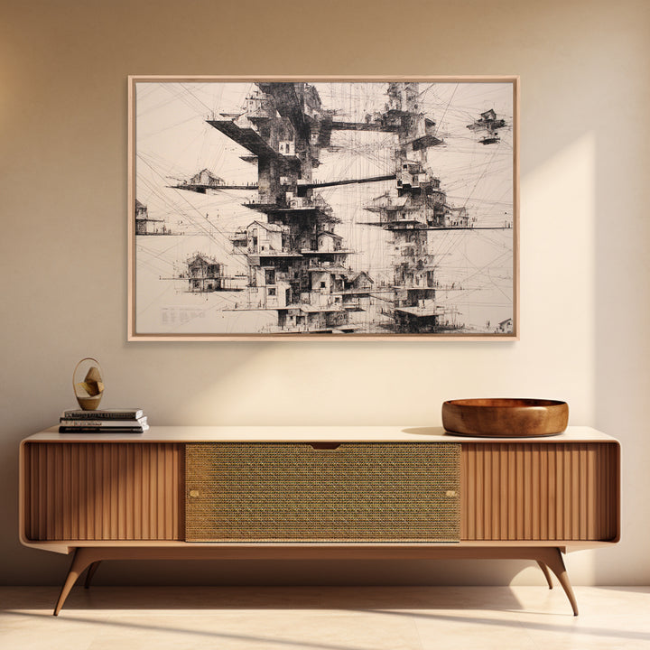 Futuristic Floating Tower City Wall Art, Architectural Illustration Art, Modern Wall Decor, Black And White Art, Office Art