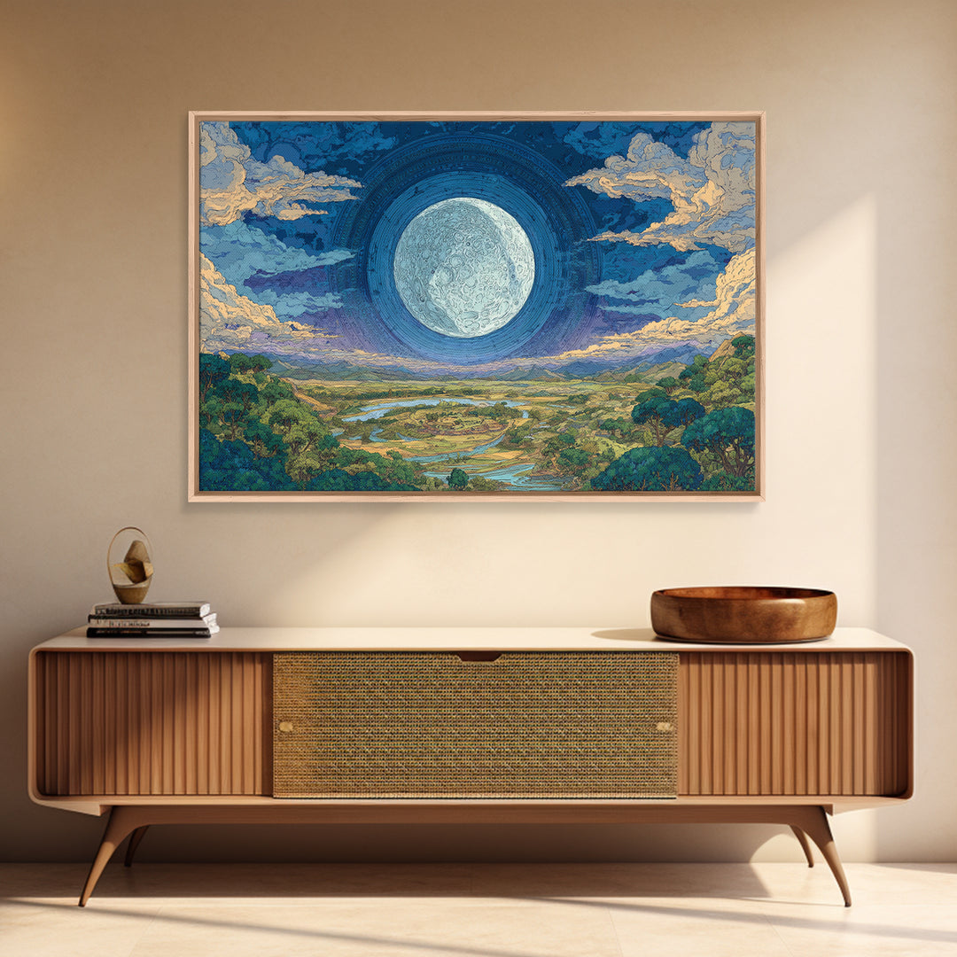 Giant Moon Over River Valley Canvas Print, Dreamy Wall Art, Nature Scene Art, Blue And Green Decor, Landscape Wall Decor