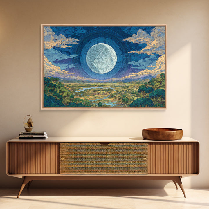 Giant Moon Over River Valley Canvas Print, Dreamy Wall Art, Nature Scene Art, Blue And Green Decor, Landscape Wall Decor