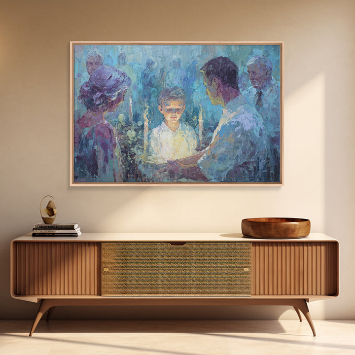 Candlelit Boy Ritual Wall Art, Blue Spiritual Family Ceremony Painting, Dreamy Portrait Canvas Decor, Meaningful Home Gift