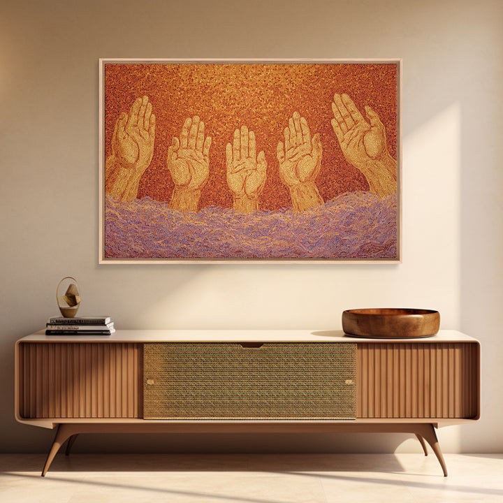 Golden Raised Hands Wall Art, Orange Mosaic Spiritual Painting, Empowerment Prayer Decor, Abstract Contemporary Home Gift