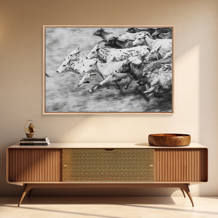Black And White Running Cattle Wall Art, African Safari Animal Print, Rustic Farmhouse Decor, Western Herd Canvas Artwork