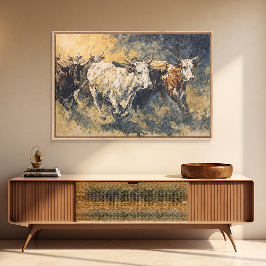 Galloping Longhorn Cattle Canvas Print, African Safari Wall Decor, Rustic Animal Painting, Earth Tone Statement Artwork Gift