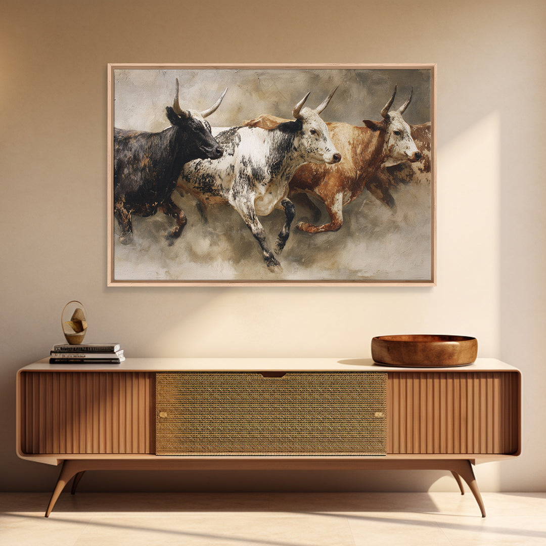 Three Longhorn Bulls In Motion Framed Canvas Print, African Safari Decor, Rustic Western Animal Wall Art For Living Room
