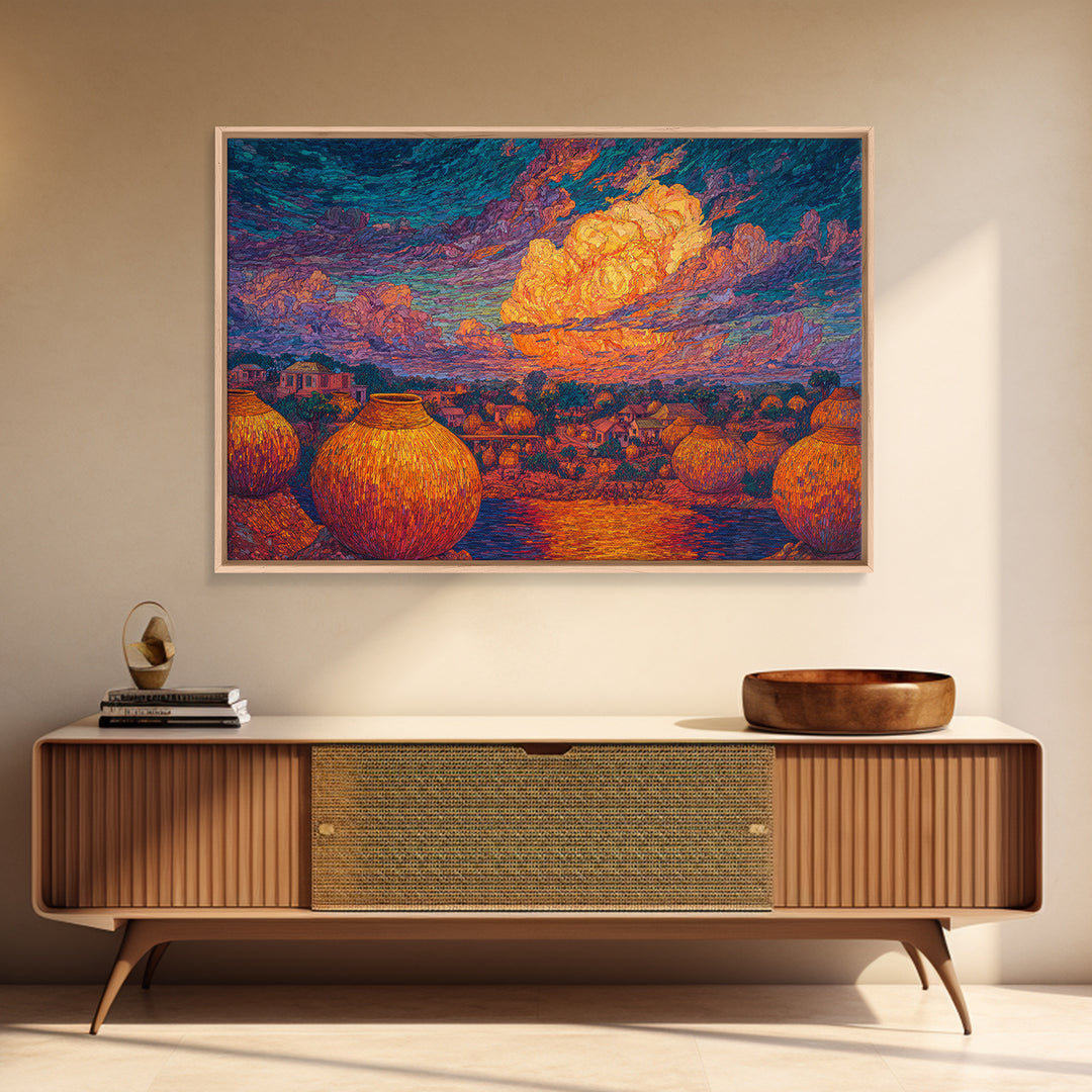 African Village Sunset With Clay Pots Wall Art, Colorful Landscape Print, Afrocentric Home Decor, Motherland Culture Art