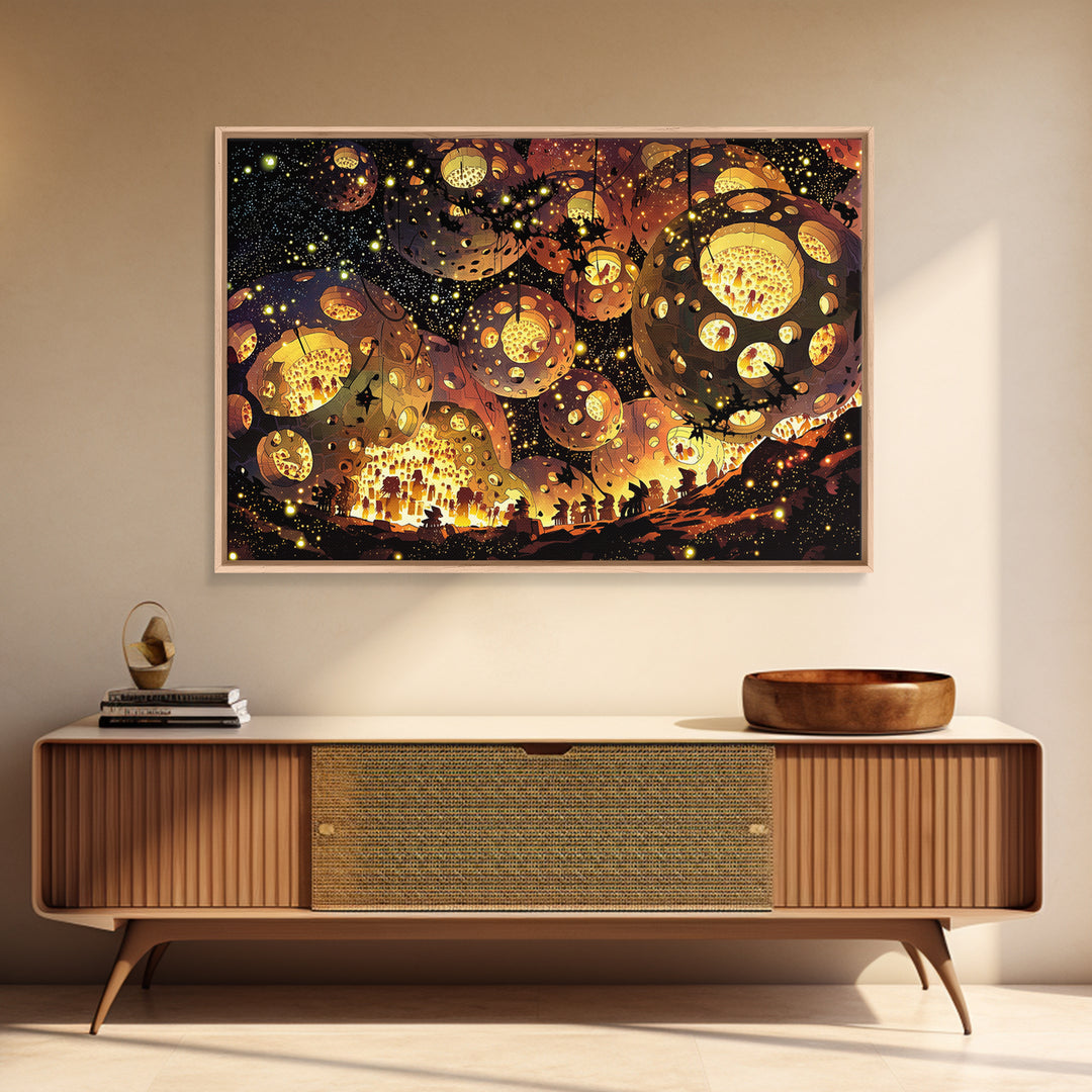Glowing African Lantern Festival Canvas Print, Magical Night Wall Decor, Boho Afrocentric Art, Warm Golden Home Decor Gift