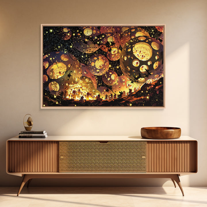 Glowing African Lantern Festival Canvas Print, Magical Night Wall Decor, Boho Afrocentric Art, Warm Golden Home Decor Gift