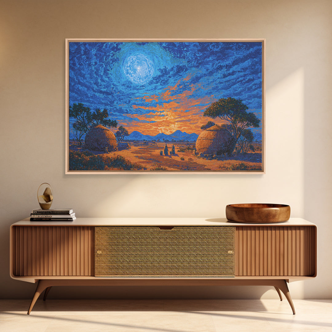 Moonlit African Village Landscape Wall Art, Blue Sunset Safari Decor, Motherland Hut Print, Serene Nature Scene Art Gift For Home