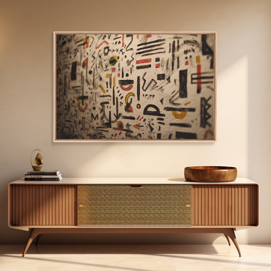 Ancient Painted Glyphs On Textured Cloth Canvas Print, African Patterns Wall Decor, Tribal Abstract Art, Cultural Home Decor
