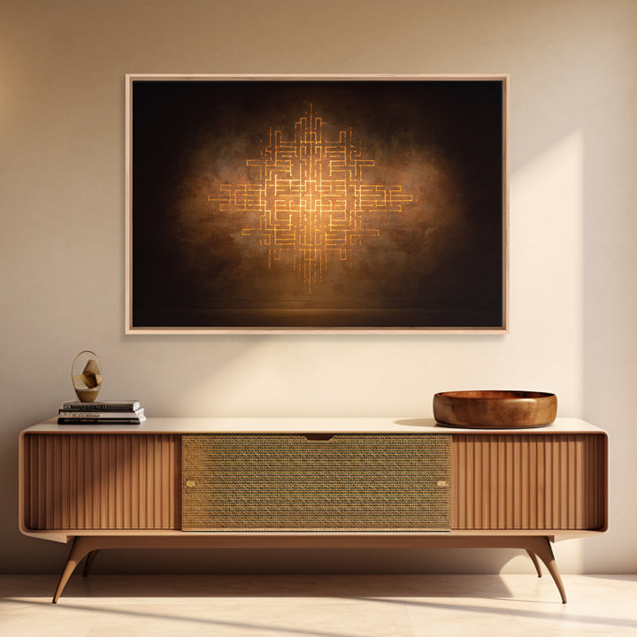 Glowing Gold Geometric Totem Canvas Print, African Abstract Wall Decor, Spiritual Symbol Art, Warm Brown Luxury Home Decor