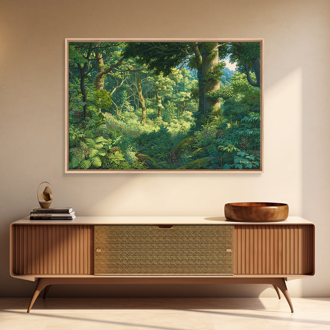 Sunlit Lush African Jungle Wall Art, Green Forest Landscape Canvas, Nature Scene Decor, Boho Living Room Statement Gift, Home Decor