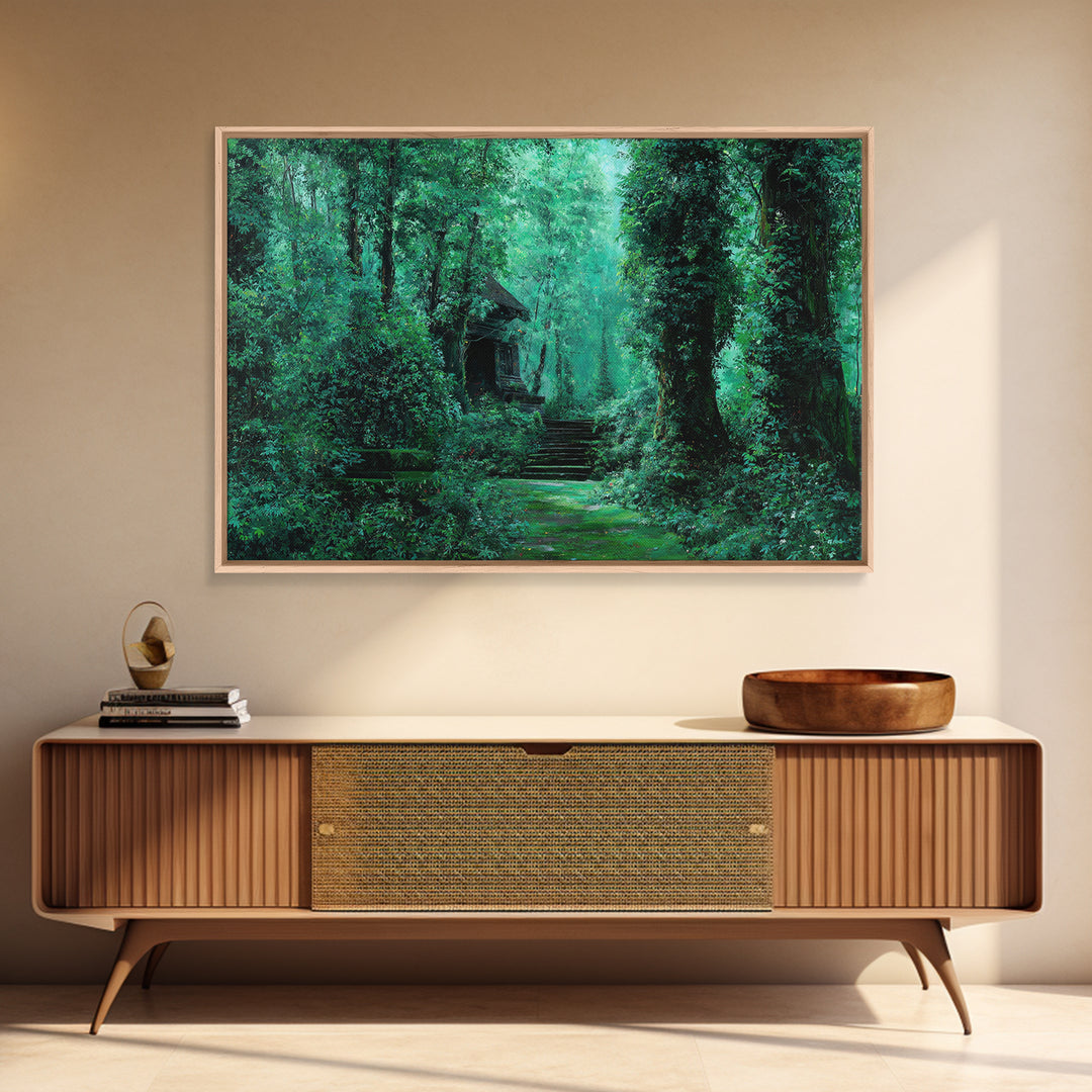 Emerald Forest Ruins And Stone Steps Canvas Print, African Landscape Wall Decor, Mystical Jungle Art, Dreamy Green Home Decor