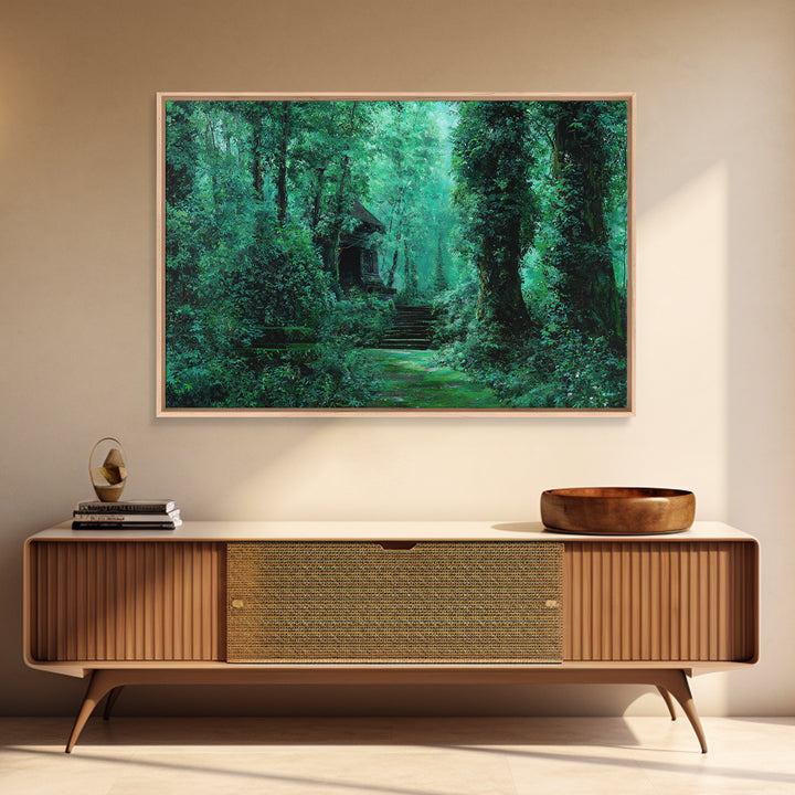 Emerald Forest Ruins And Stone Steps Canvas Print, African Landscape Wall Decor, Mystical Jungle Art, Dreamy Green Home Decor