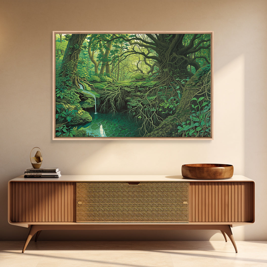 Ancient Emerald Forest Creek And Twisted Roots Wall Art, Green Nature Landscape Canvas, Mystical Jungle Home Decor For Living Room