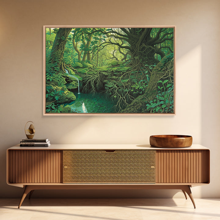 Ancient Emerald Forest Creek And Twisted Roots Wall Art, Green Nature Landscape Canvas, Mystical Jungle Home Decor For Living Room