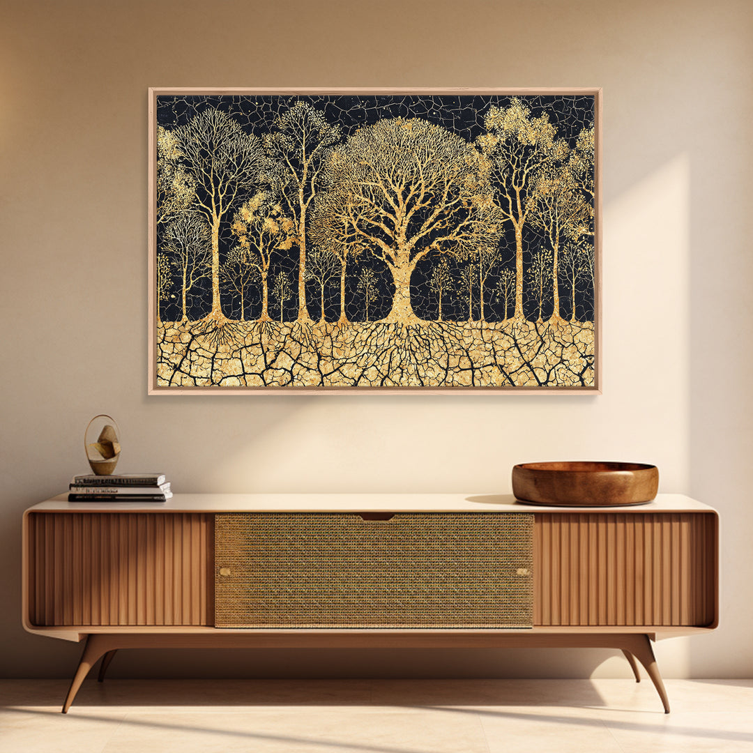 Golden Baobab Tree Grove On Black Cracked Earth Canvas Print, African Tree Inspired Abstract Wall Decor, Luxury Home Art