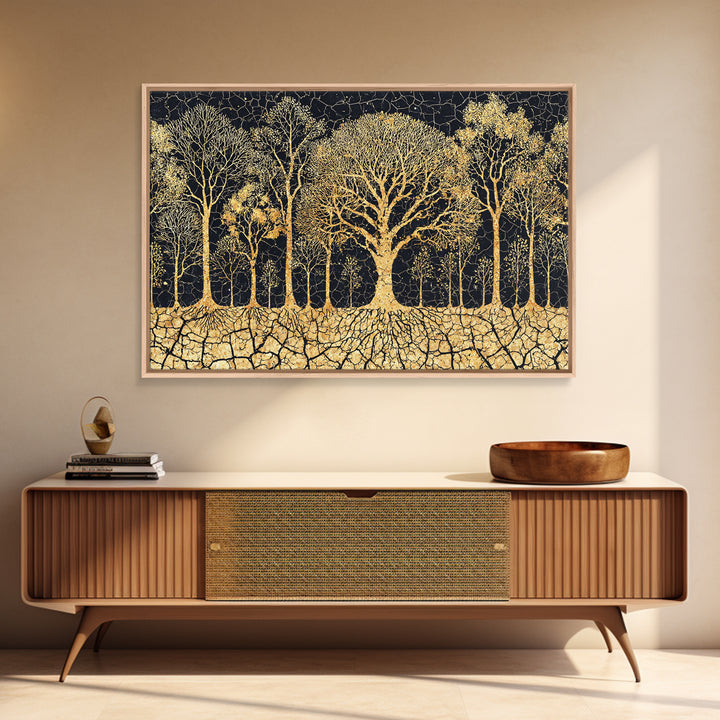 Golden Baobab Tree Grove On Black Cracked Earth Canvas Print, African Tree Inspired Abstract Wall Decor, Luxury Home Art