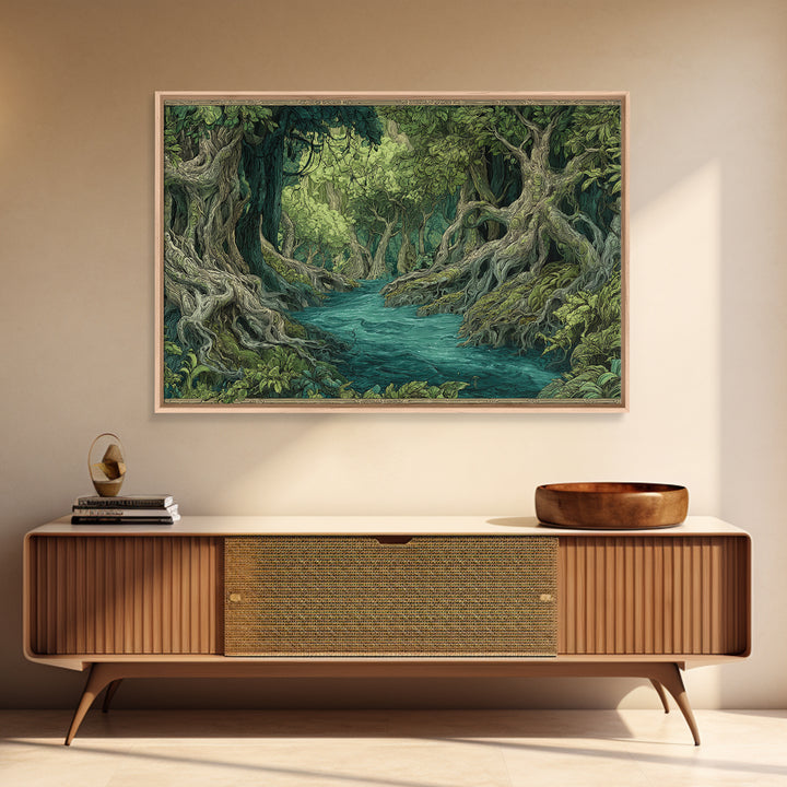 Enchanted River Forest With Ancient Roots Framed Canvas Print, Green Jungle Landscape Wall Decor, Mystical Nature Artwork