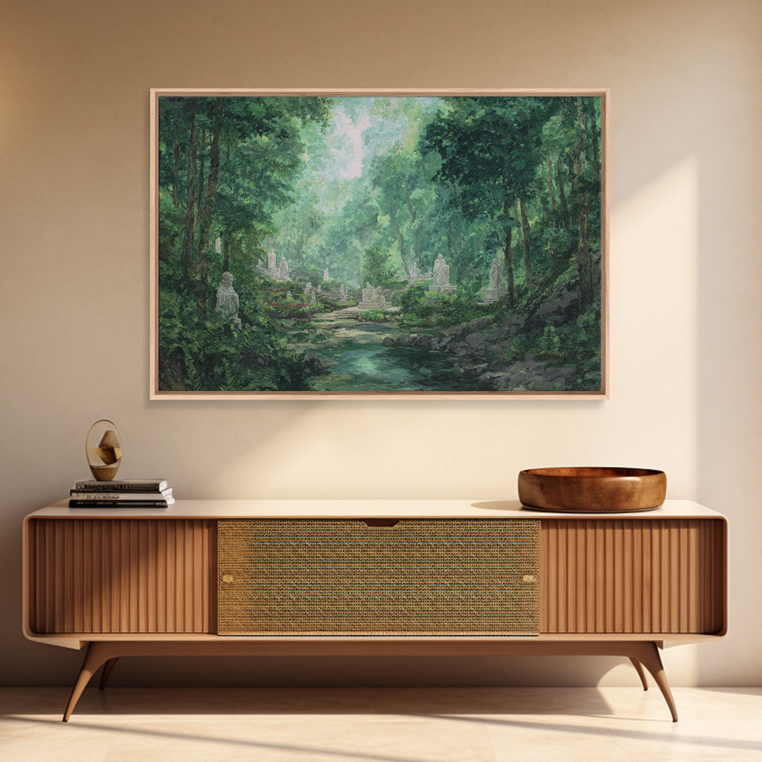 Misty Forest Ruins With Statues And Stream Wall Art, Green Nature Landscape Painting, Dreamy Garden Decor For Living Room