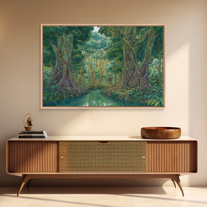 Lush Jungle River Between Towering Trees Canvas Print, Green Nature Landscape Wall Decor, Boho Tropical Living Room Art Print