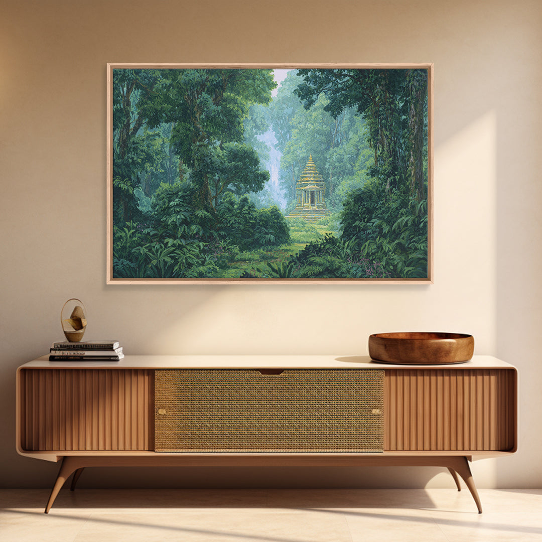 Hidden Golden Temple In Misty Jungle Framed Canvas Print, Green Nature Landscape Wall Decor, Spiritual Tropical Home Art