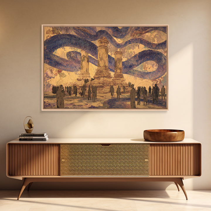 Ancient Columns Beneath Giant Serpent Canopy Wall Art, Surreal African Inspired Fantasy Landscape, Statement Home Decor Art