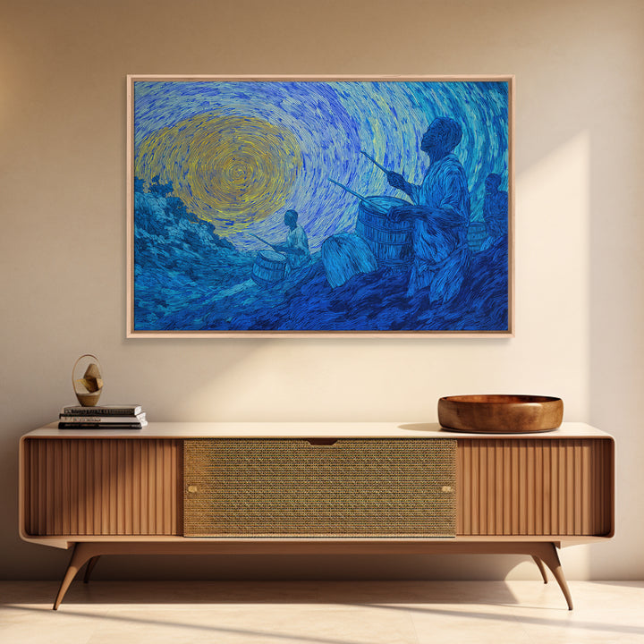 Blue African Drummers Beneath Swirling Sun Canvas Print, Tribal Music Wall Art, Afrocentric Decor, Cultural Home Gift For Him