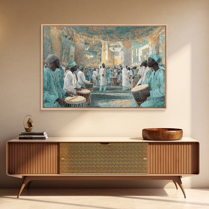 Turquoise African Drum Ceremony In Ornate Hall Framed Canvas Print, Afrocentric Wall Art, Cultural Decor, Luxury Home Gift