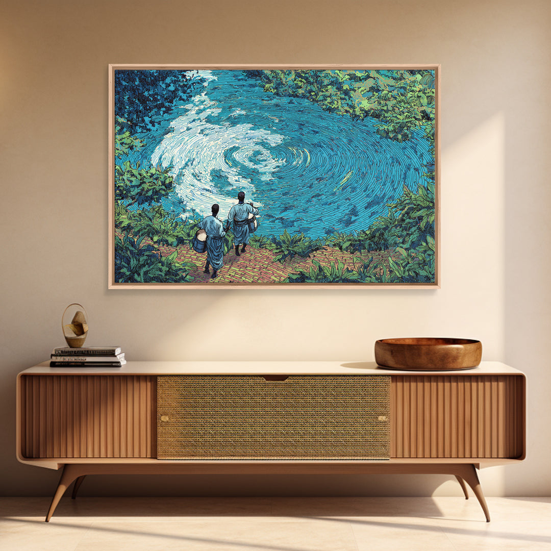 Blue River Spiral With African Musicians Wall Art, Nature Scene Art, Afrocentric Decor, Cultural Landscape Print, Home Decor Gift