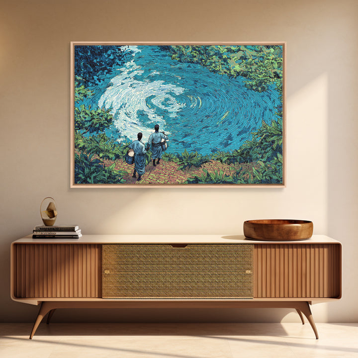 Blue River Spiral With African Musicians Wall Art, Nature Scene Art, Afrocentric Decor, Cultural Landscape Print, Home Decor Gift