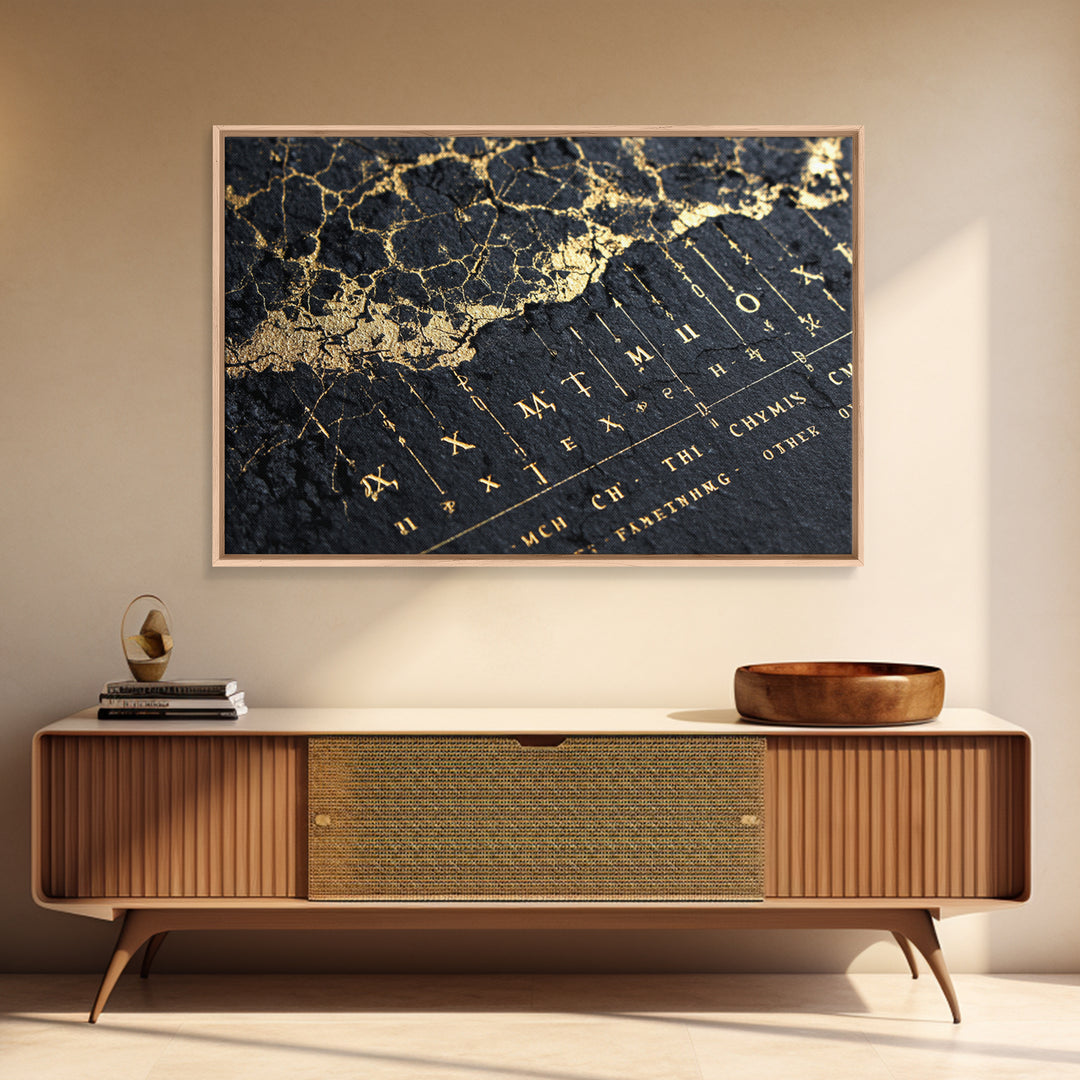 Black And Gold Ancient Map Detail Framed Canvas Print, African Inspired Wall Decor, Luxury Art, Mystic Office Decor Gift
