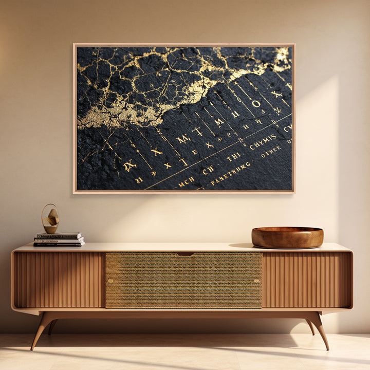 Black And Gold Ancient Map Detail Framed Canvas Print, African Inspired Wall Decor, Luxury Art, Mystic Office Decor Gift