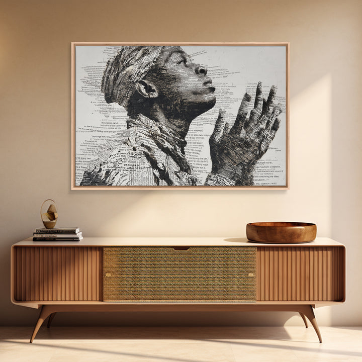 Praying Black Woman In Typography Portrait Wall Art, Spiritual Wall Decor, African American Art, Empowerment Gift For Her